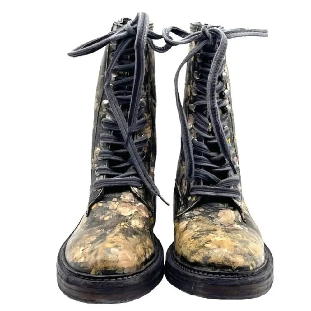 Free People Santa Fe Black Floral Leather Lace-Up Combat Boot Sz US 8 EU 38 NWT